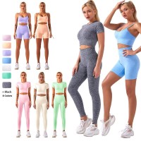4 Piece Yoga Sets Gym Suits For Women Active Wear,Seamless Workout Bra + Short Sleeve Top + Shorts + Leggings Cycling Clothes