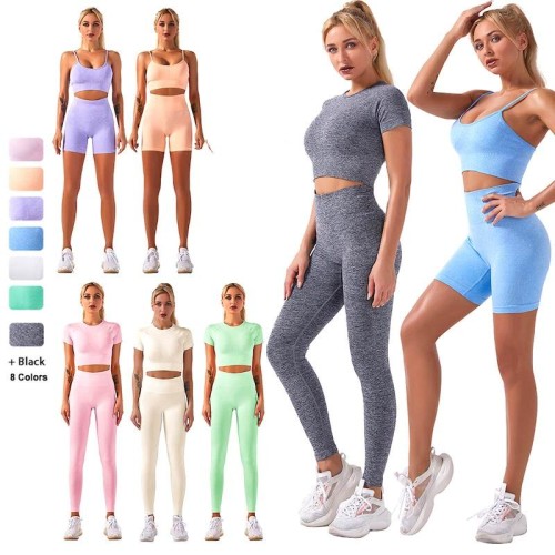 4 Piece Yoga Sets Gym Suits For Women Active Wear,Seamless Workout Bra + Short Sleeve Top + Shorts + Leggings Cycling Clothes