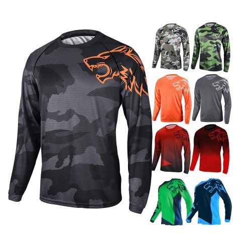 Customized Sublimated Men&#39;s Downhill Jersey Long Sleeve Shirts Quick Dry Black Wolf Polyester Mesh Road Bike Cycling Jersey
