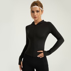 Hooded Slim Yoga Jacket Elastic Slim Windproof Running Cycling Solid Color Windproof Sports Jacket Yoga Tops