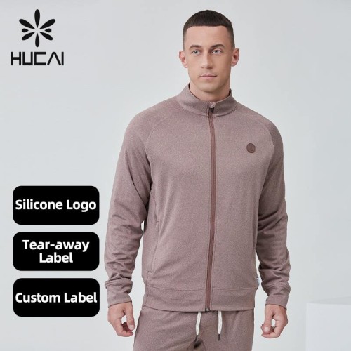 Hucai Custom Label Polyester Spandex Soft Lightweight Silicone Logo Regular Fit Zip Up Training Gym Sports Running Jacket