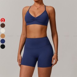 Custom Woman 2 Piece Workout Outfits Running Activewear Backless Sport Bra And High Waist Bike Shorts Yoga Sets For Women